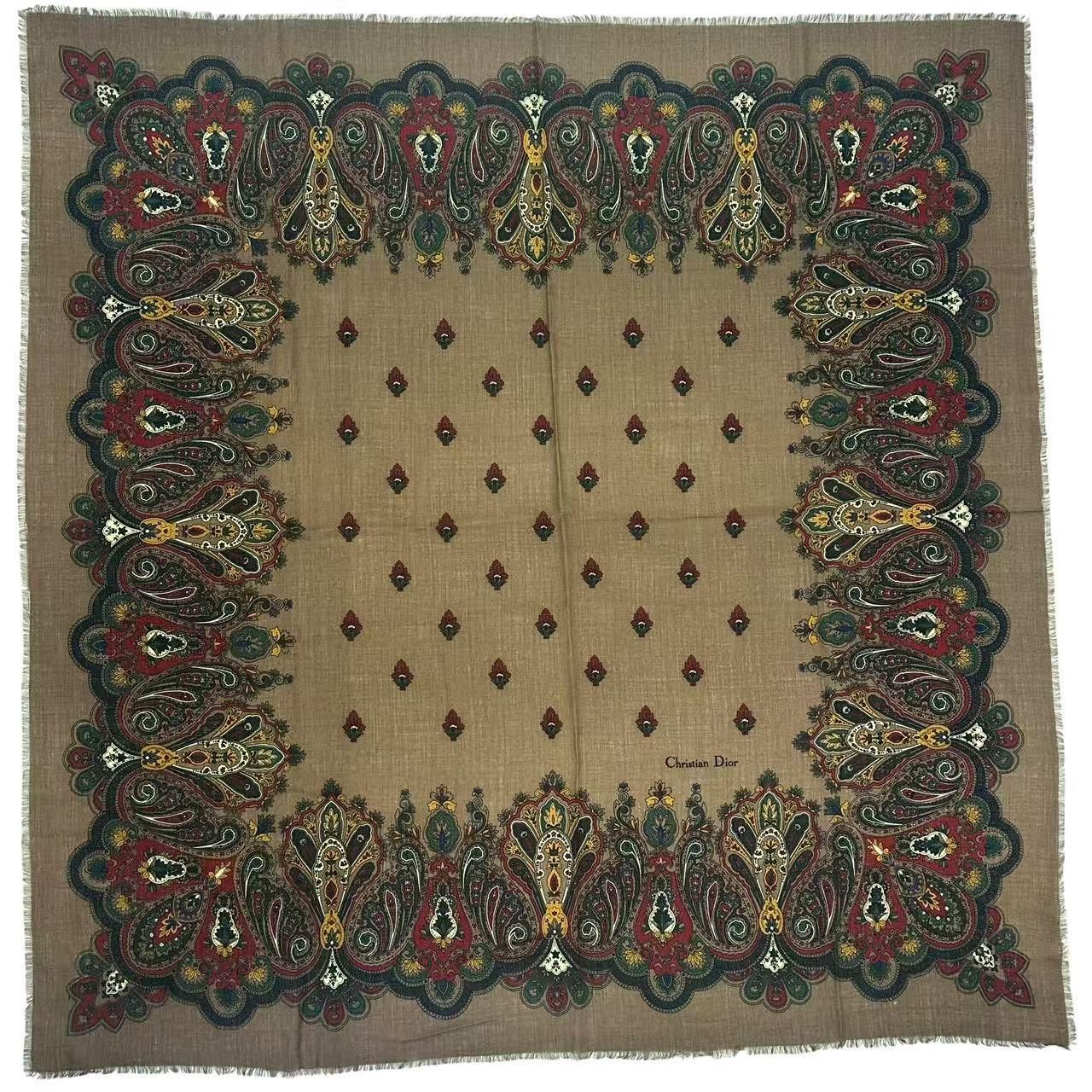 Dior Wool Extra Large Shawl Scarf Paisley Pattern Brown
