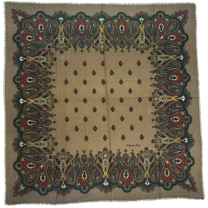 Dior Wool Extra Large Shawl Scarf Paisley Pattern Brown