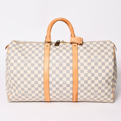 Louis Vuitton Keepall 50 Boston Bag Damier Azur Canvas Vachetta Leather White