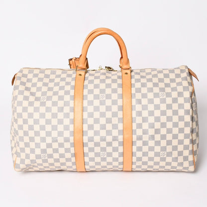Louis Vuitton Keepall 50 Boston Bag Damier Azur Canvas Vachetta Leather White — view 2