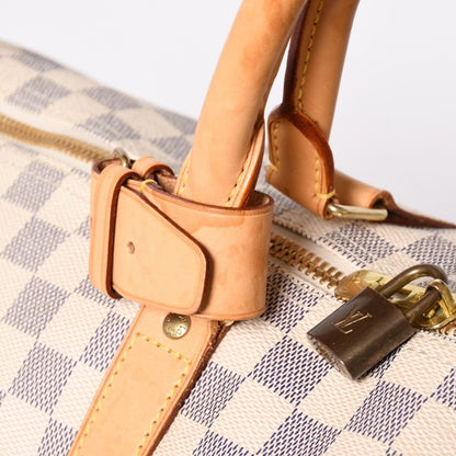 Louis Vuitton Keepall 50 Boston Bag Damier Azur Canvas Vachetta Leather White — view 7