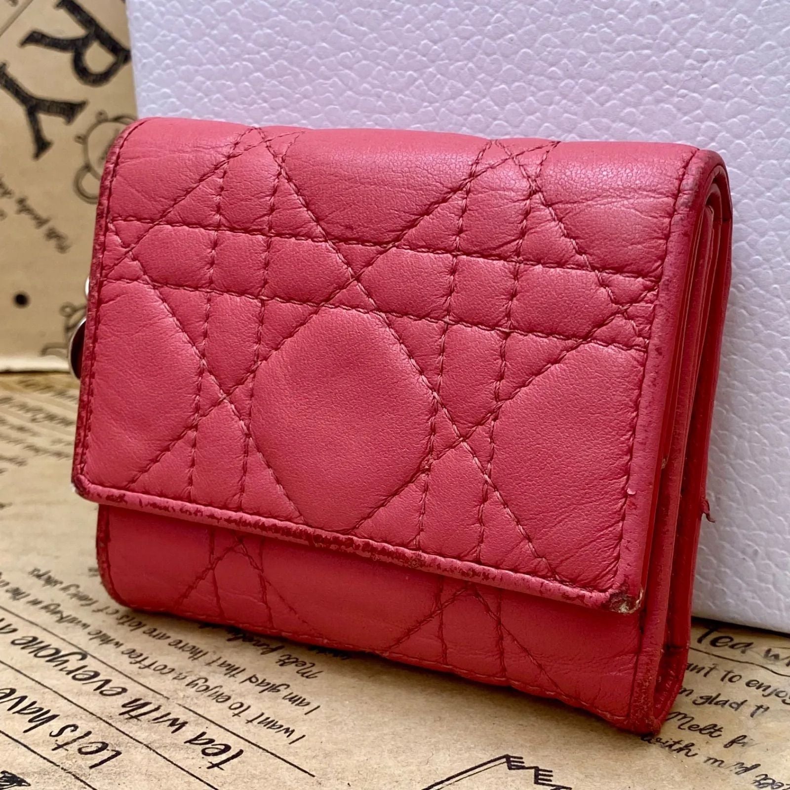 Dior Trifold Wallet Cannage Pink Coin Card Billfold Compact