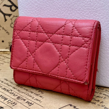 Dior Trifold Wallet Cannage Pink Coin Card Billfold Compact