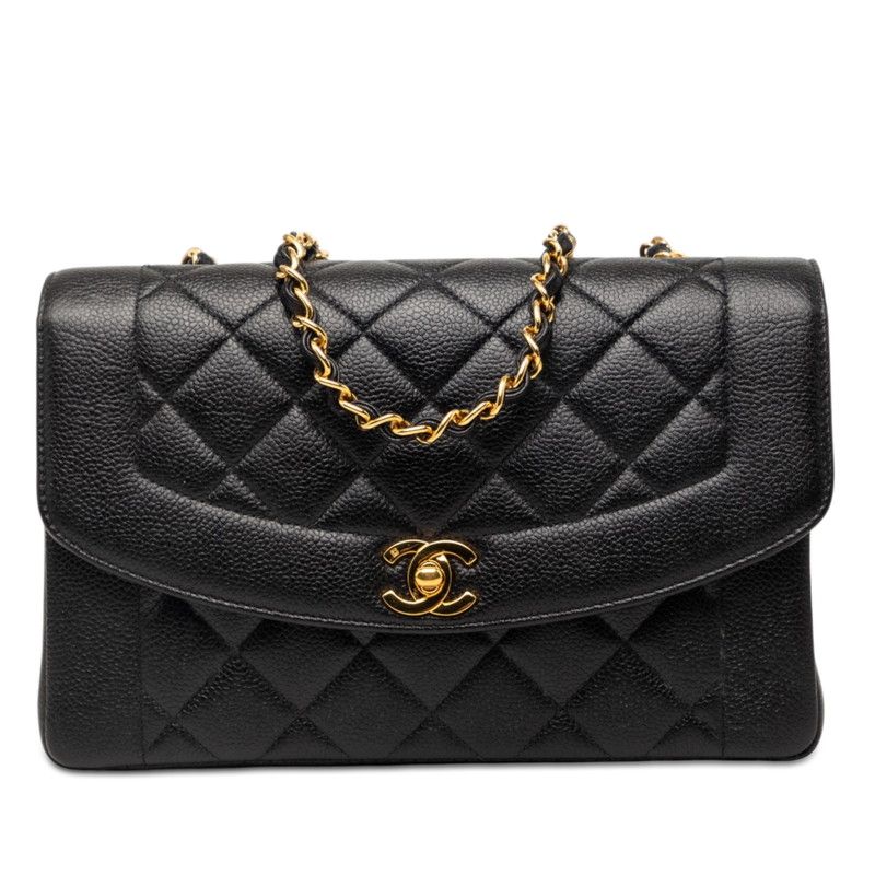 Chanel CC Logo Quilted 25 Diana Chain Shoulder Bag Black Caviar Leather
