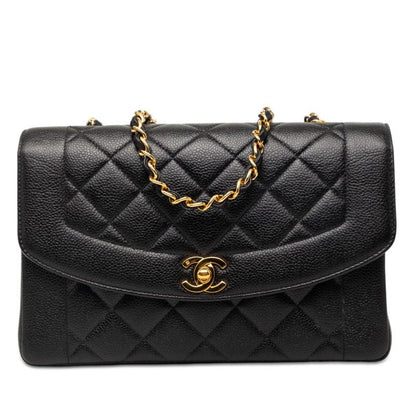 Chanel CC Logo Quilted 25 Diana Chain Shoulder Bag Black Caviar Leather