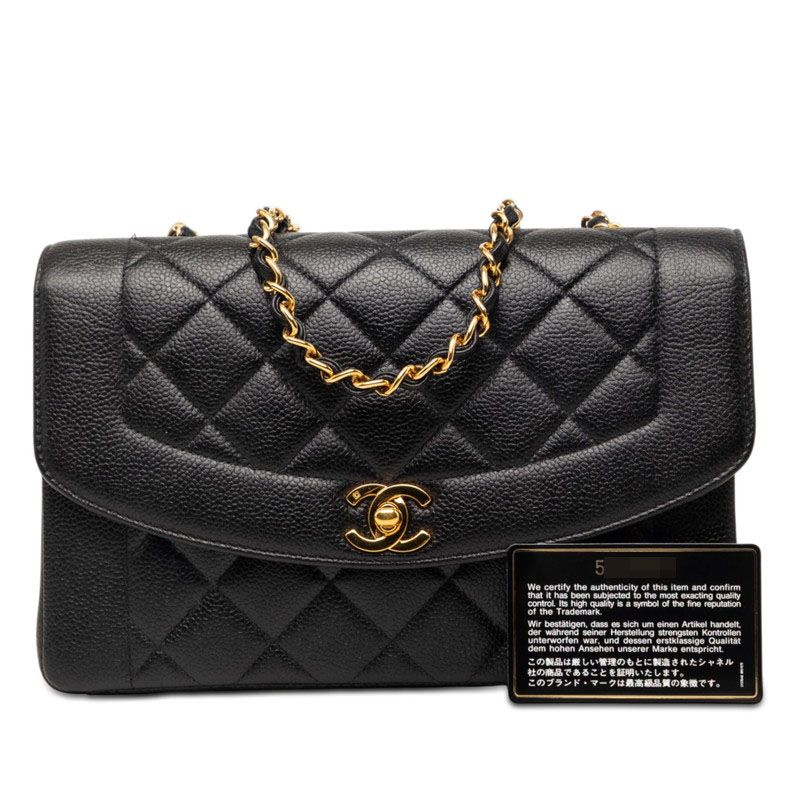 Chanel CC Logo Quilted 25 Diana Chain Shoulder Bag Black Caviar Leather — view 7