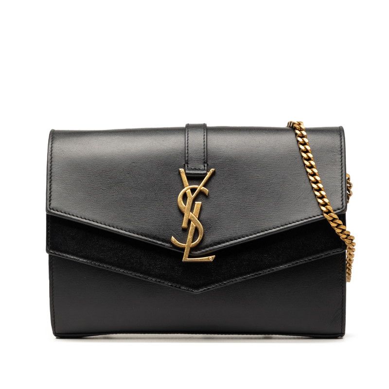 Saint Laurent YSL Logo Chain Wallet Shoulder Back Black Leather