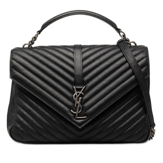 Saint Laurent YSL Logo Stitch Top Handle Shoulder Bag 2-Way Black Leather
