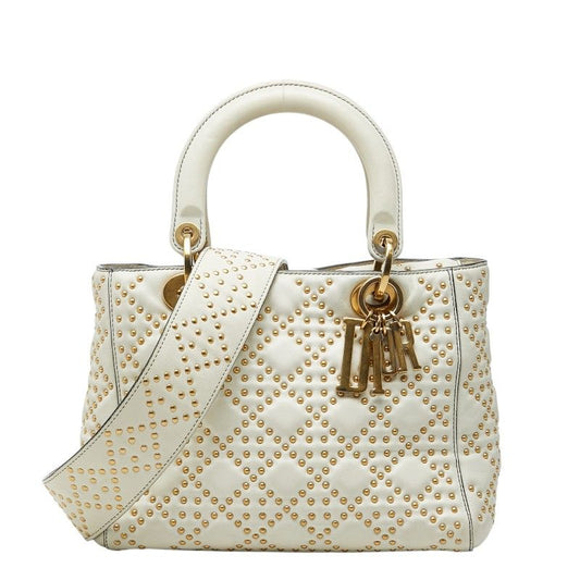 Dior Cannage Lady Dior Studs 2-Way Shoulder Bag White Gold Leather