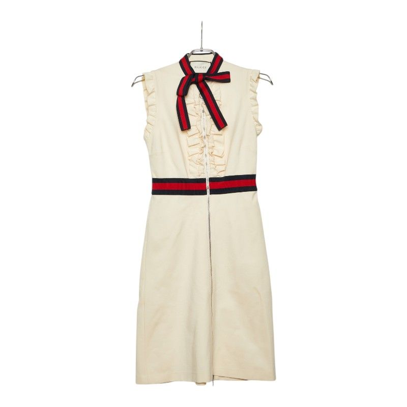 Gucci Web Trim Jersey Dress Sleeveless Ruffle S Beige Rayon Nylon Polyurethane
