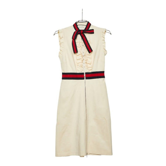 Gucci Web Trim Jersey Dress Sleeveless Ruffle S Beige Rayon Nylon Polyurethane