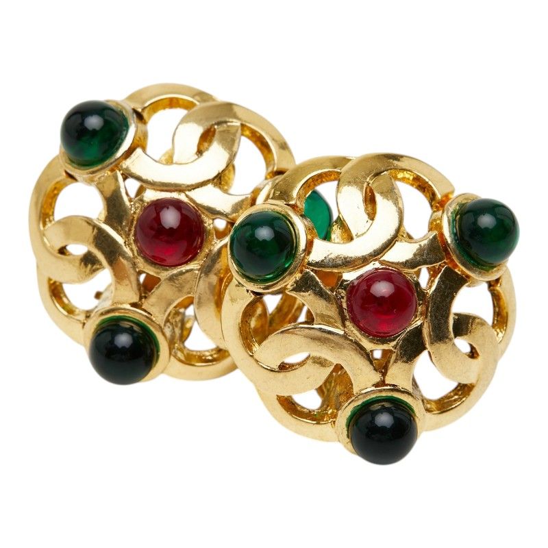 Chanel CC Logo Gripoix Earrings Gold Plated Glass