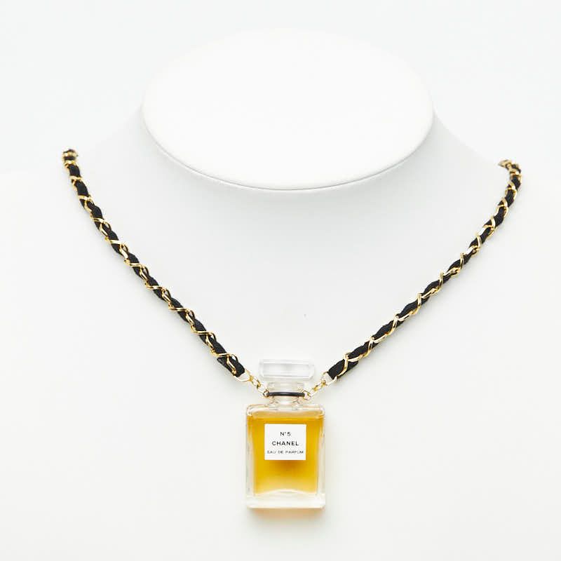 Chanel Perfume Bottle Necklace Clear Black Gold Plated Fabric 1 — view 7
