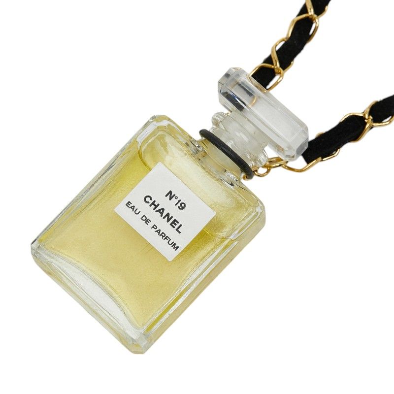 Chanel Perfume Bottle Necklace Clear Gold Black Plated Fabric 1