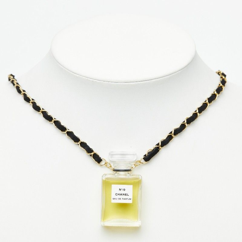 Chanel Perfume Bottle Necklace Clear Gold Black Plated Fabric 1 — view 7