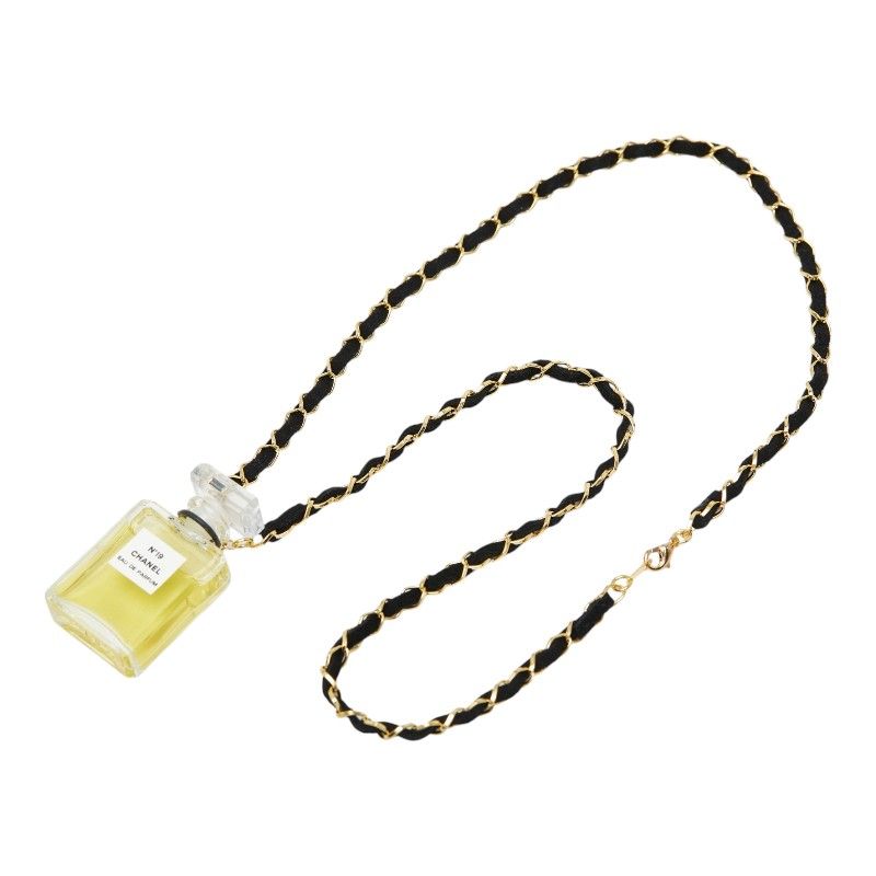 Chanel Perfume Bottle Necklace Clear Gold Black Plated Fabric 1 — view 5