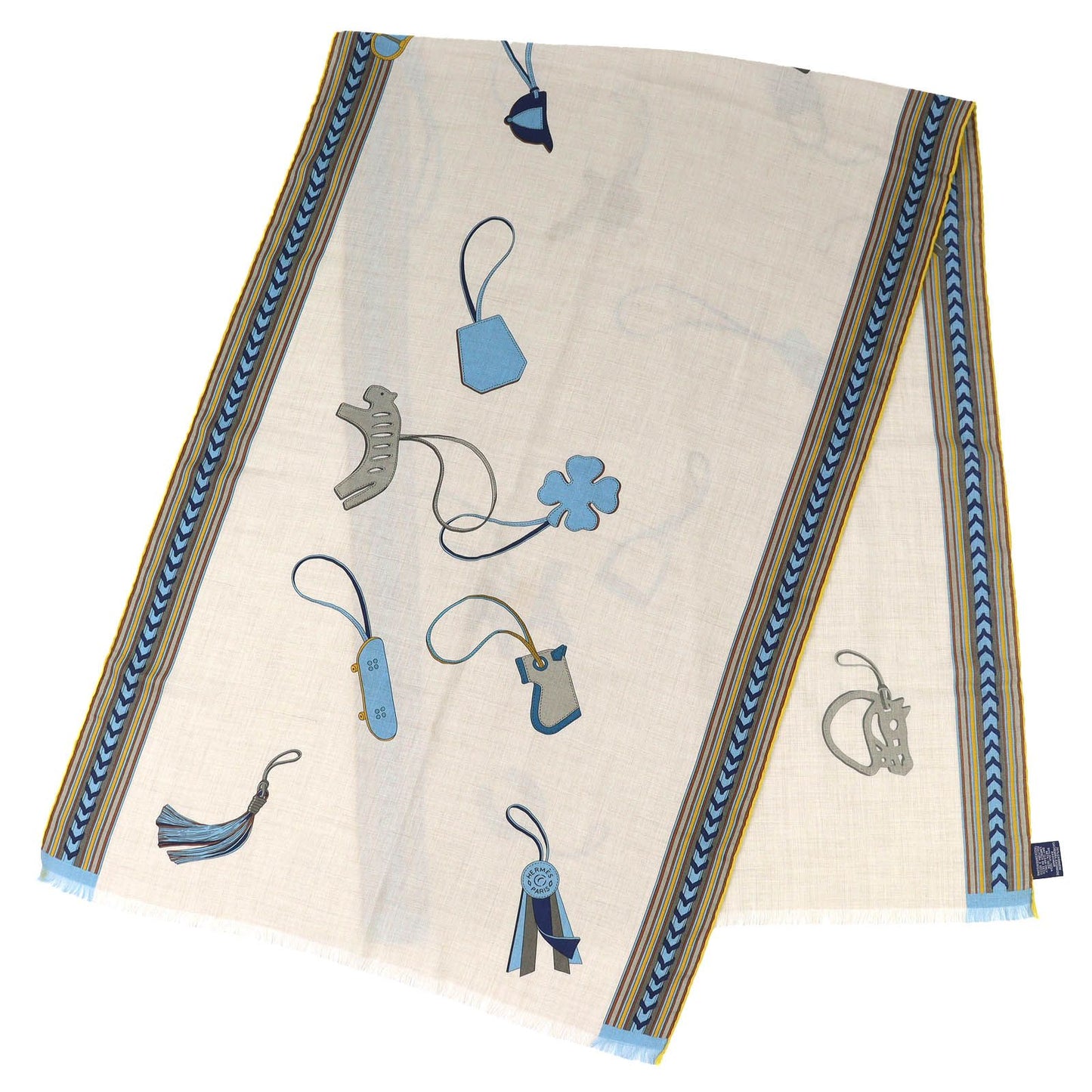 Hermes Rectangle Brides ET Gray Bridle and Charm Cashmere Silk Fringe Scarf — view 3