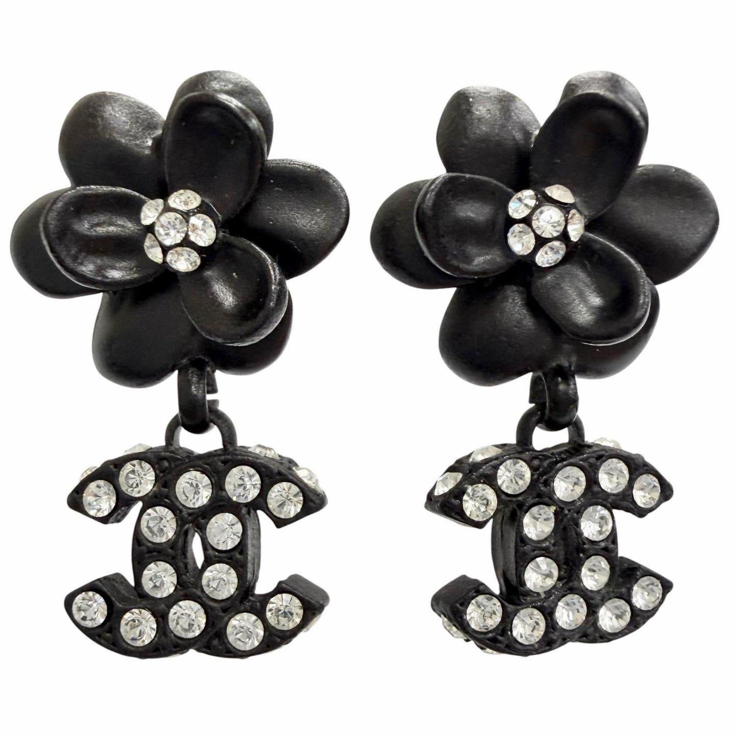 Chanel Vintage Camellia CC Logo Rhinestone Earrings for Both Ears Black