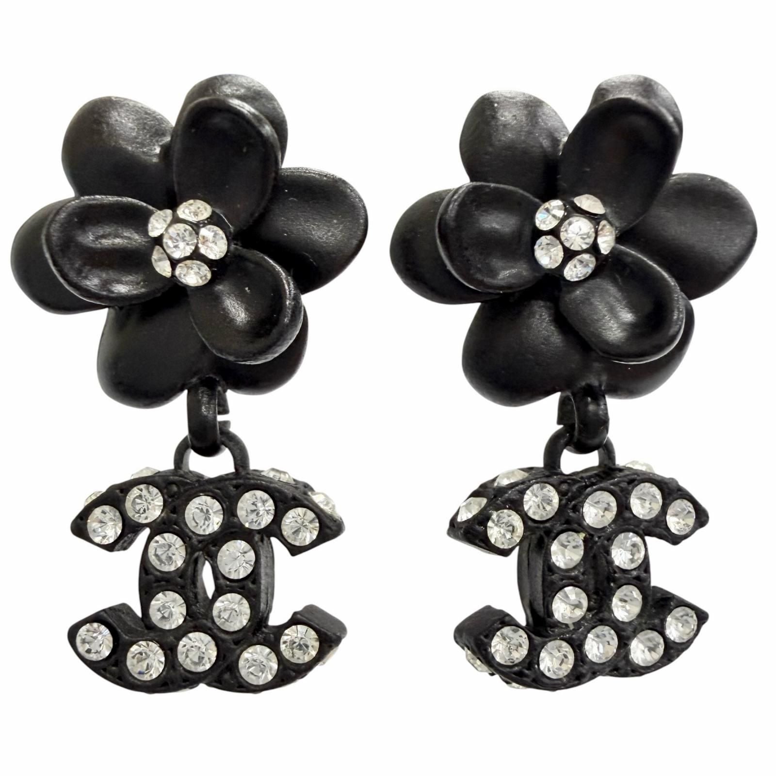 Chanel Vintage Camellia CC Logo Rhinestone Earrings for Both Ears Black