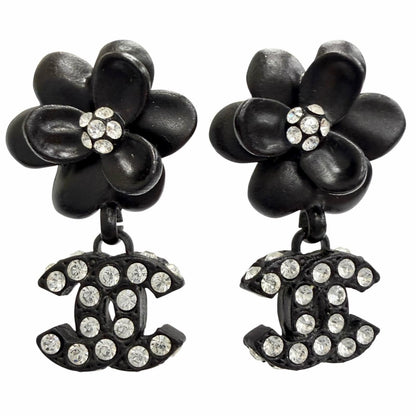 Chanel Vintage Camellia CC Logo Rhinestone Earrings for Both Ears Black
