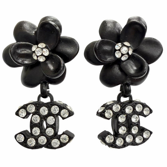 Chanel Vintage Camellia CC Logo Rhinestone Earrings for Both Ears Black