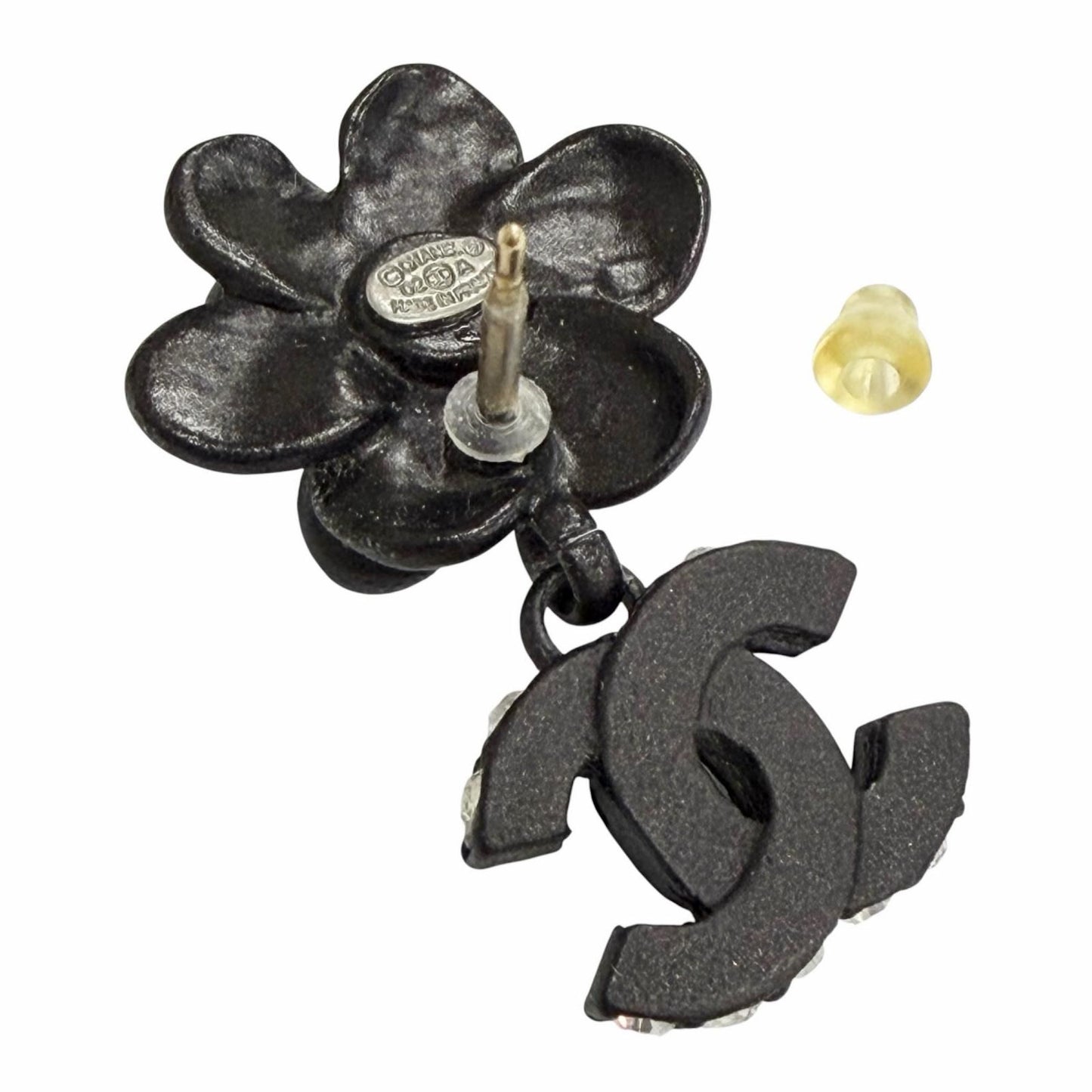Chanel Vintage Camellia CC Logo Rhinestone Earrings for Both Ears Black — view 5