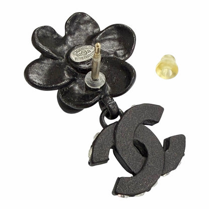 Chanel Vintage Camellia CC Logo Rhinestone Earrings for Both Ears Black — view 5