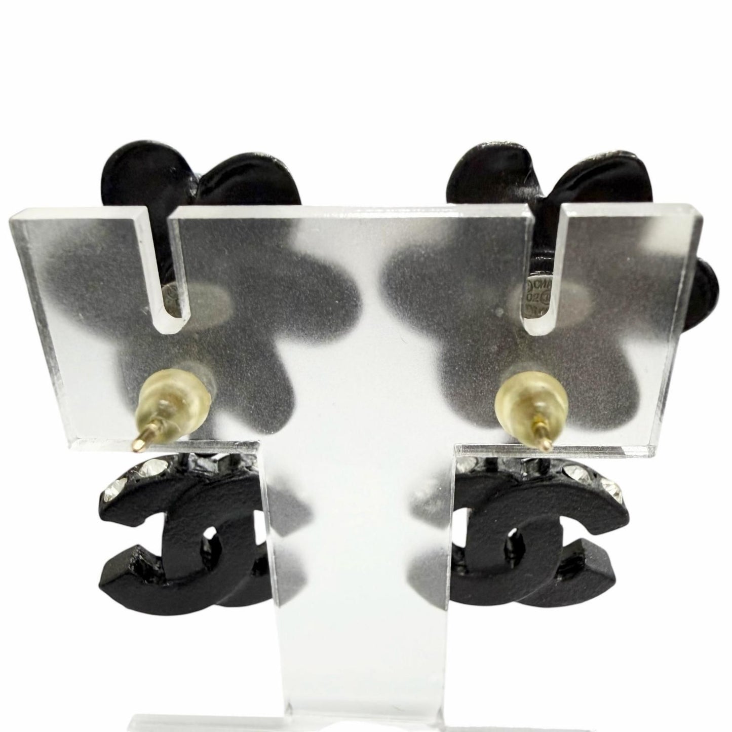 Chanel Vintage Camellia CC Logo Rhinestone Earrings for Both Ears Black — view 4