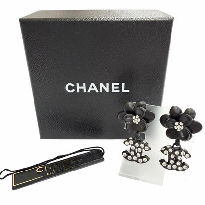 Chanel Vintage Camellia CC Logo Rhinestone Earrings for Both Ears Black — view 2