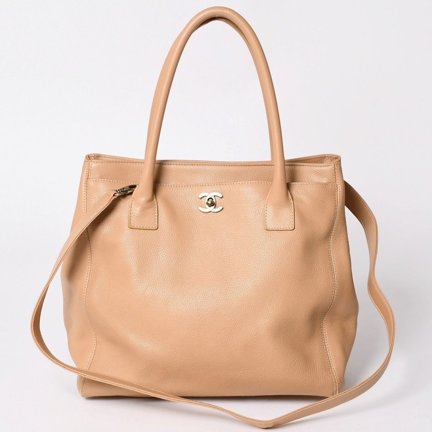 Chanel Executive Tote Bag CC Logo Turnlock Calfskin Beige