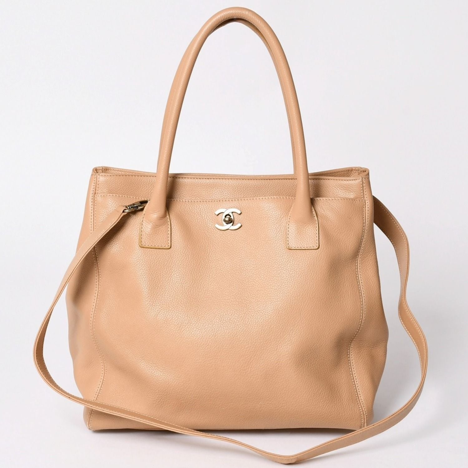 Chanel Executive Tote Bag CC Logo Turnlock Calfskin Beige