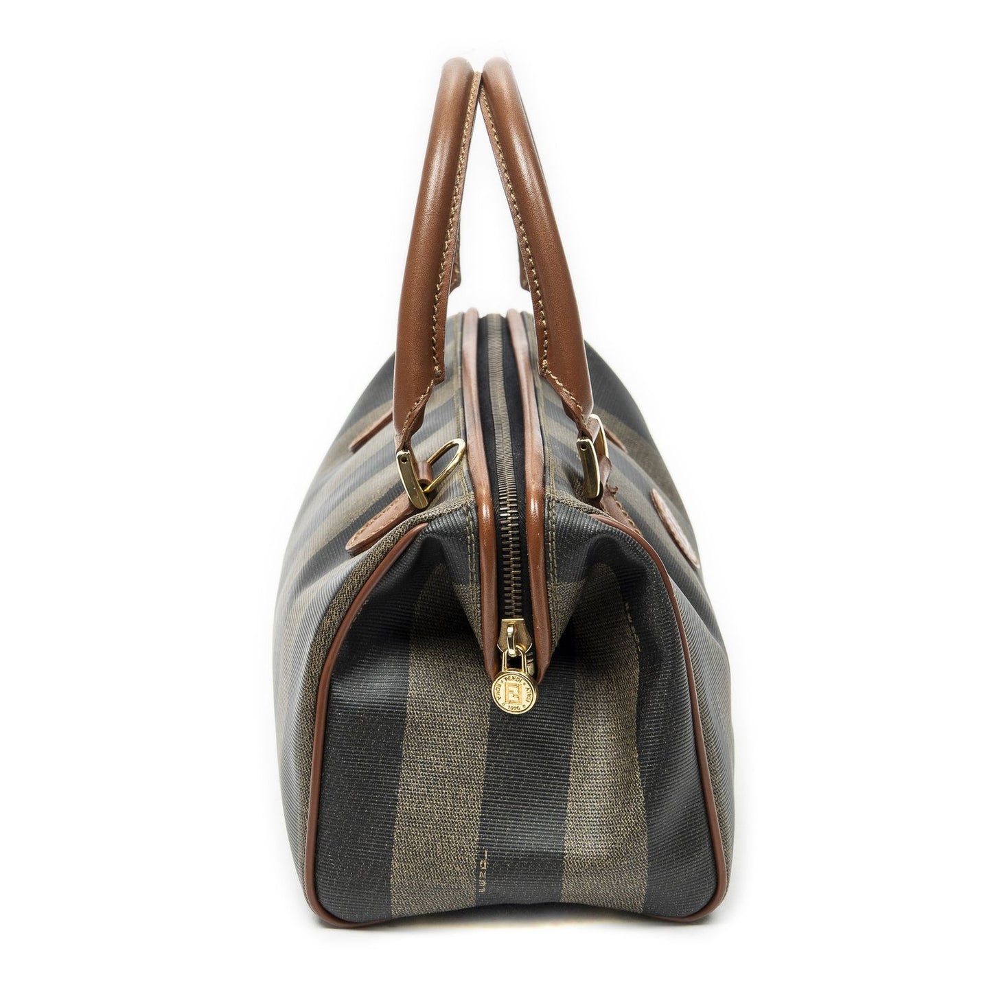 Fendi Small Boston Brown Black Pecan Stripe Canvas Shoulder — view 4