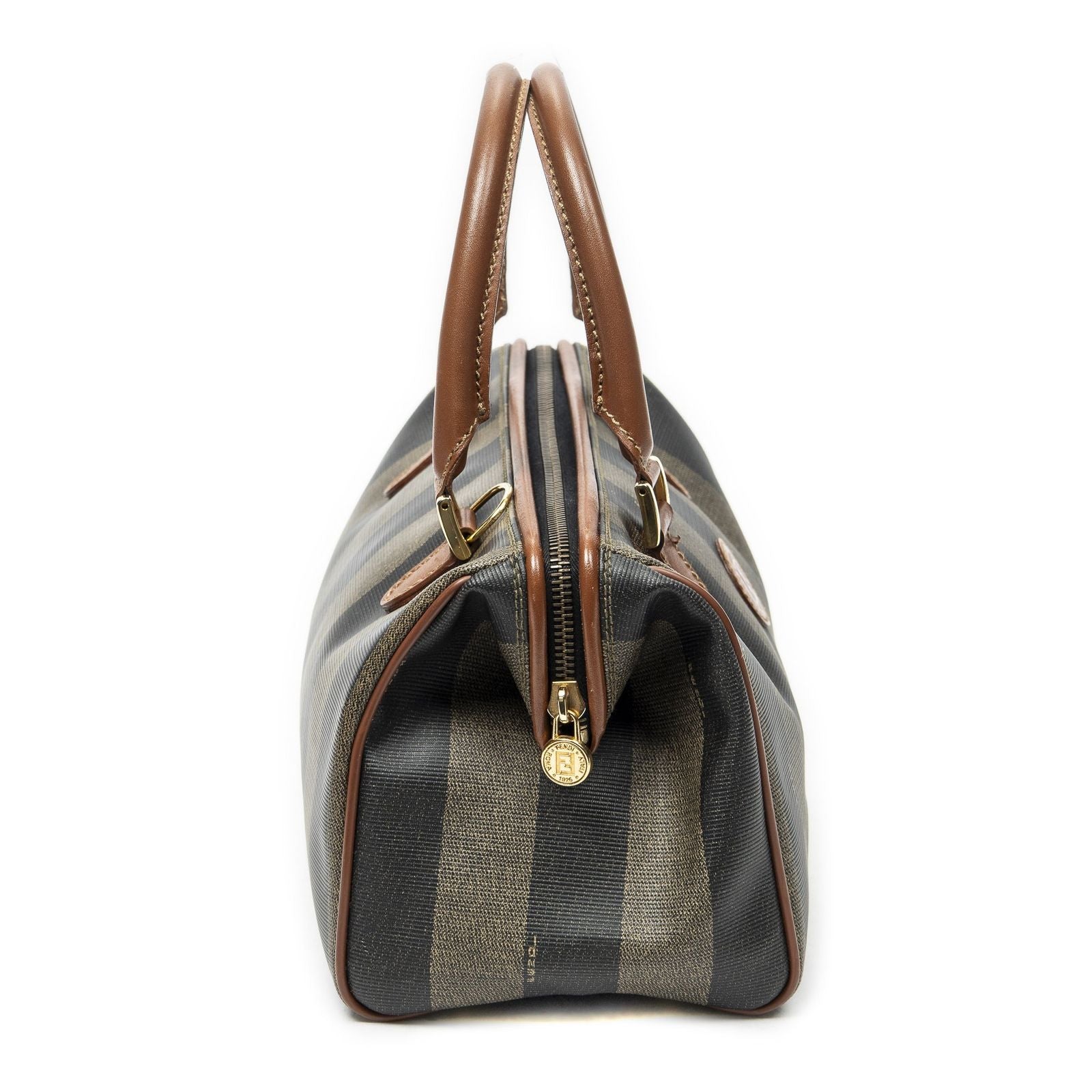Fendi Small Boston Brown Black Pecan Stripe Canvas Shoulder — view 4