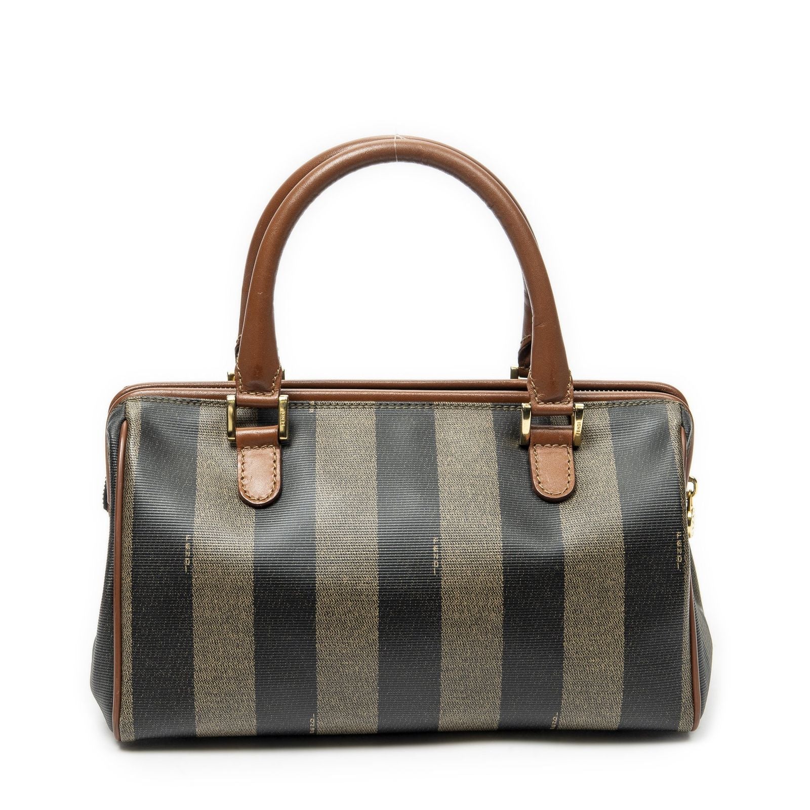 Fendi Small Boston Brown Black Pecan Stripe Canvas Shoulder — view 5