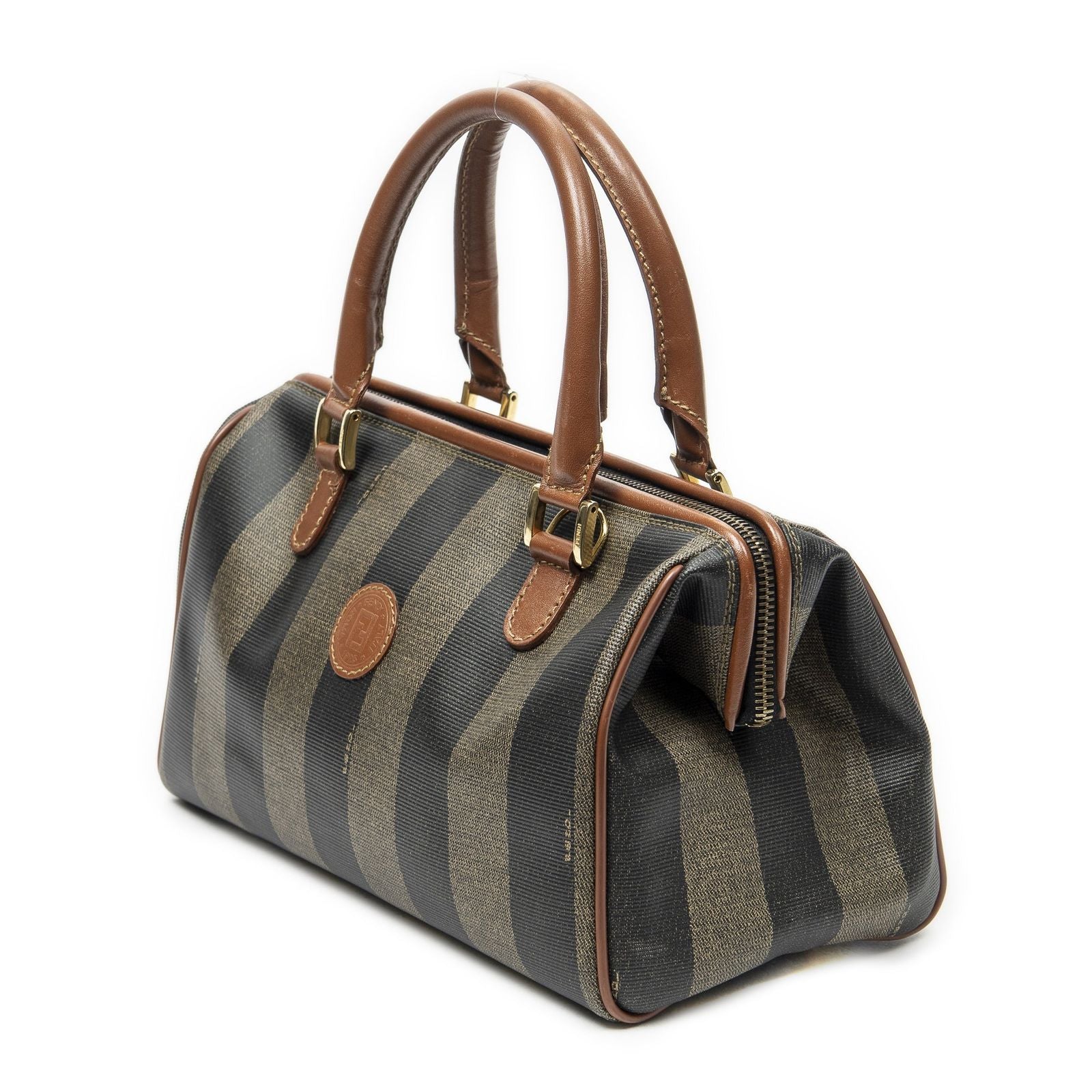 Fendi Small Boston Brown Black Pecan Stripe Canvas Shoulder — view 2