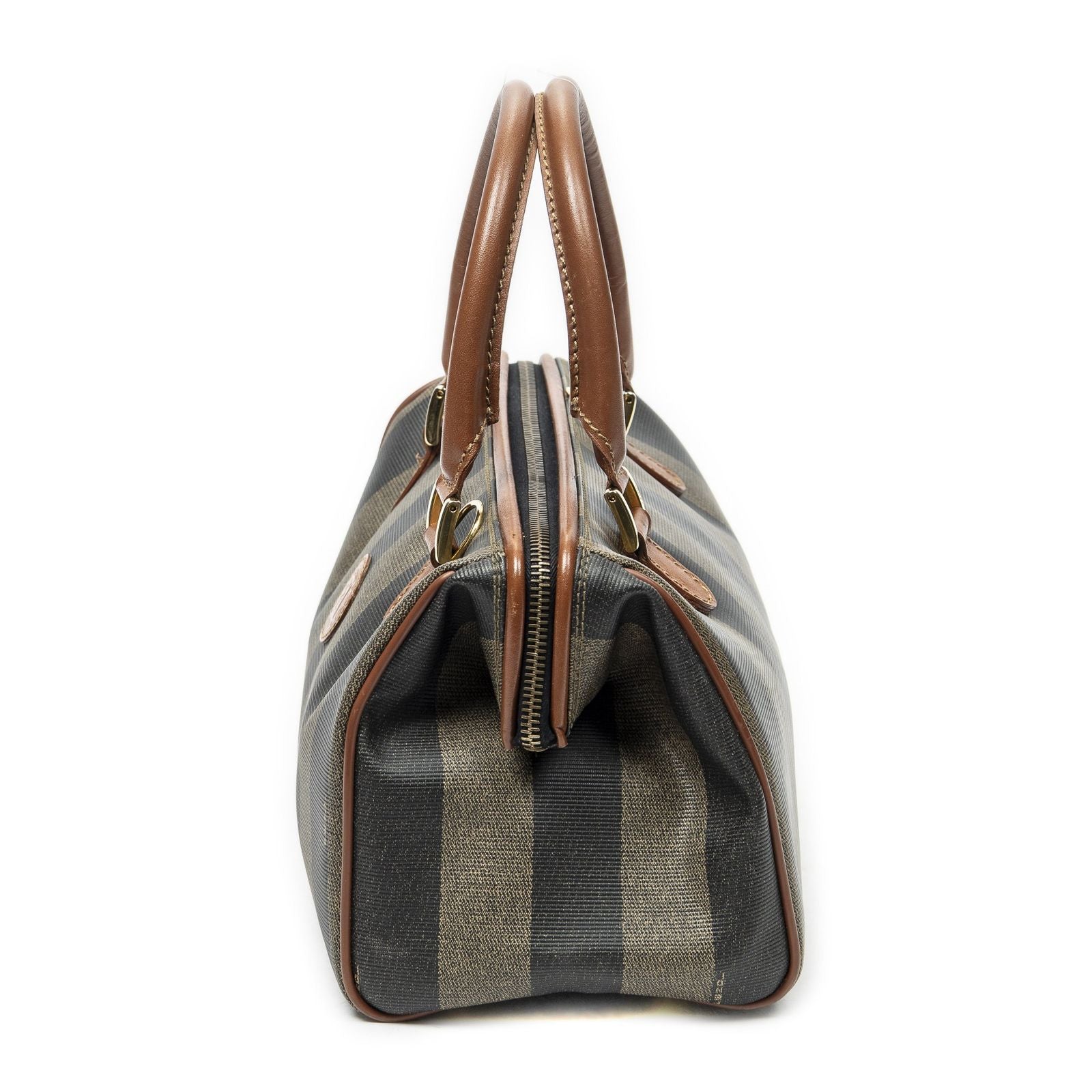 Fendi Small Boston Brown Black Pecan Stripe Canvas Shoulder — view 3