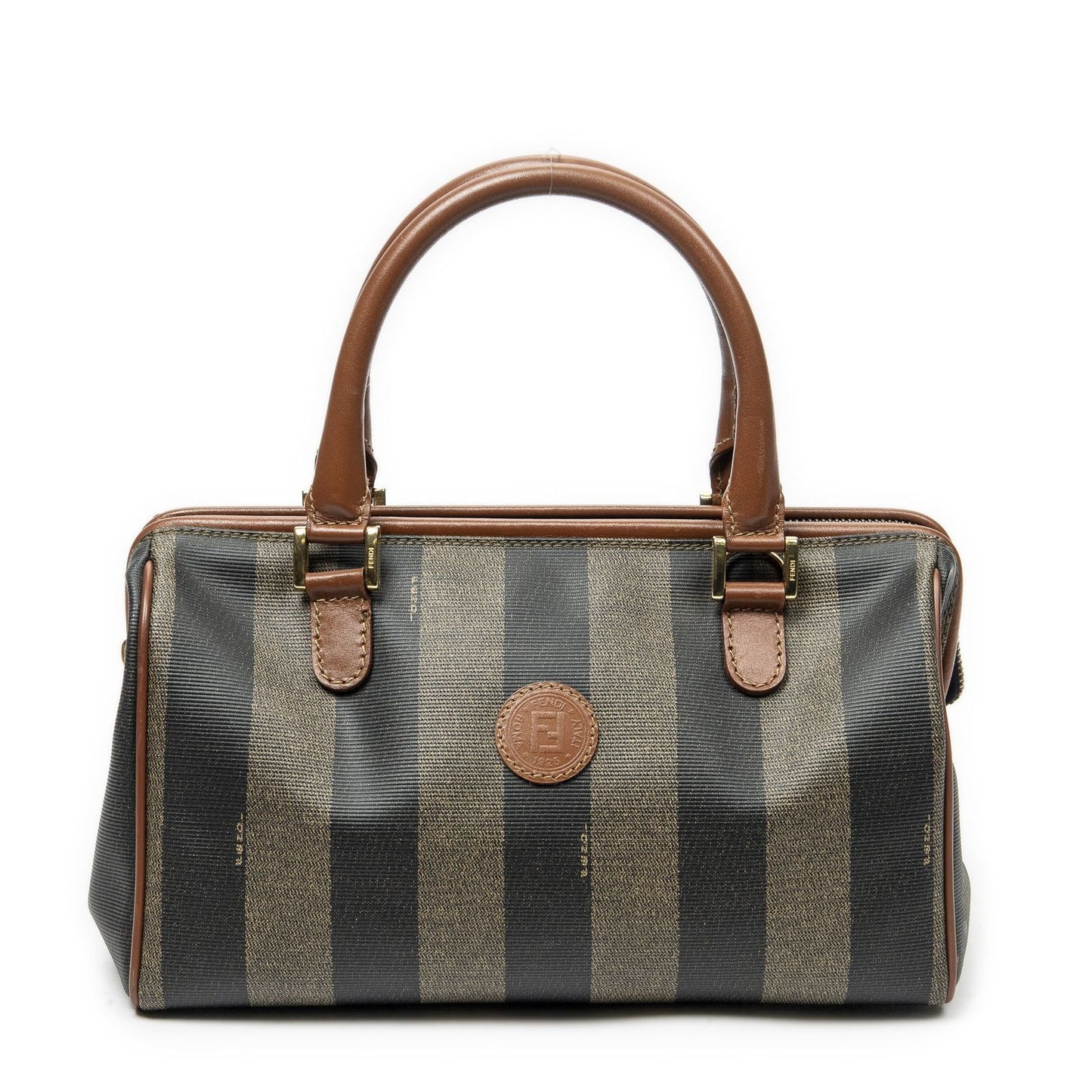 Fendi Small Boston Brown Black Pecan Stripe Canvas Shoulder