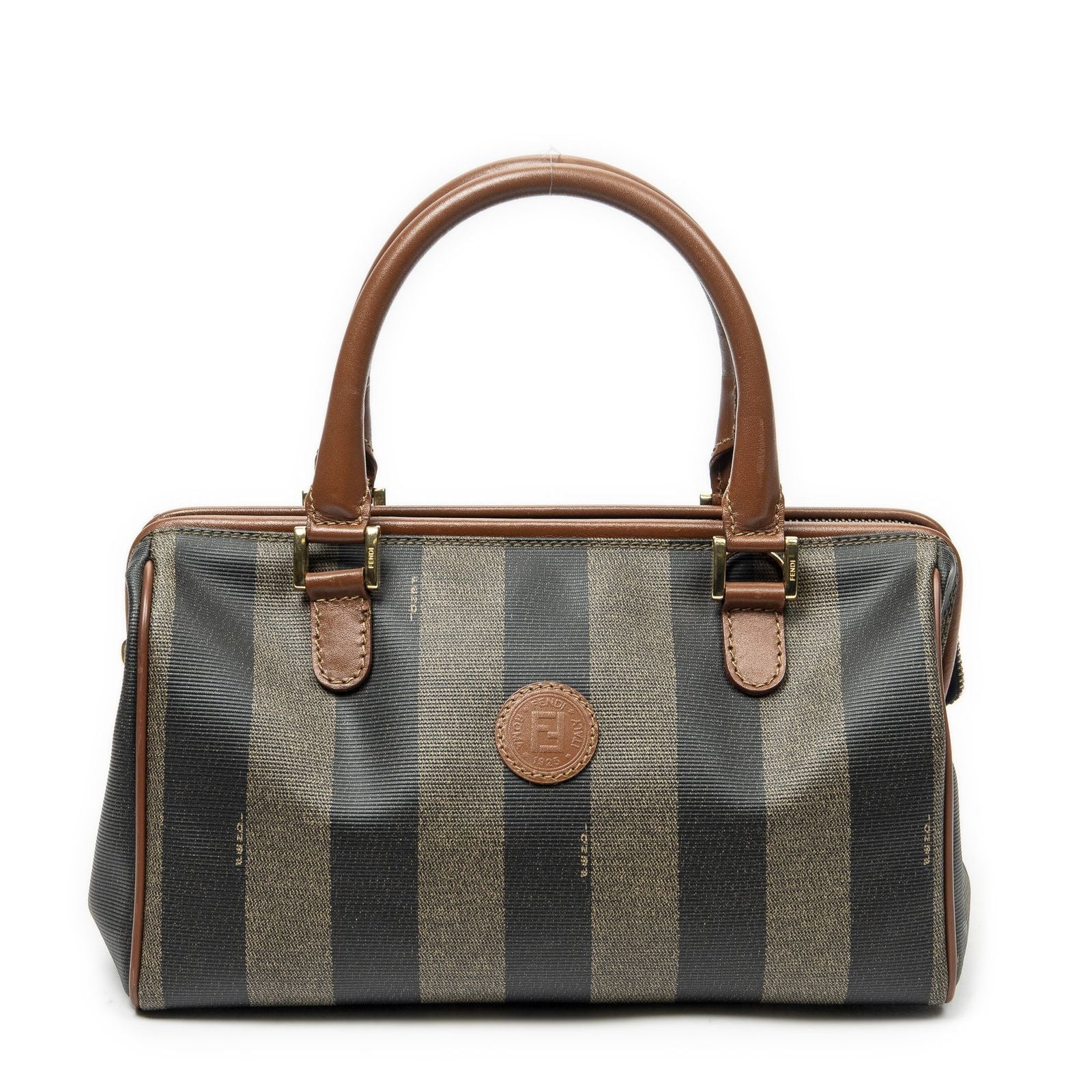Fendi Small Boston Brown Black Pecan Stripe Canvas Shoulder