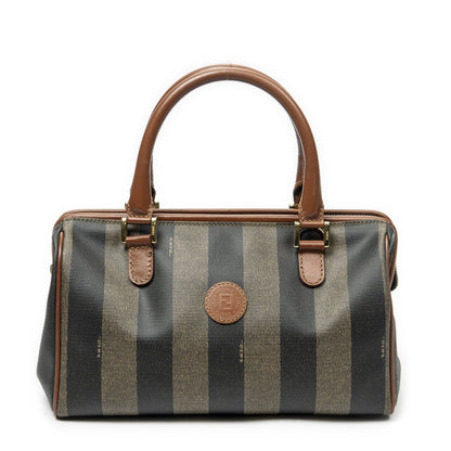 Fendi Small Boston Brown Black Pecan Stripe Canvas Shoulder