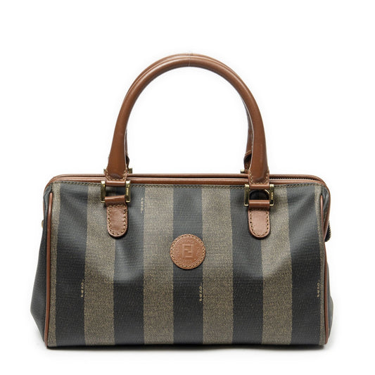Fendi Small Boston Brown Black Pecan Stripe Canvas Shoulder