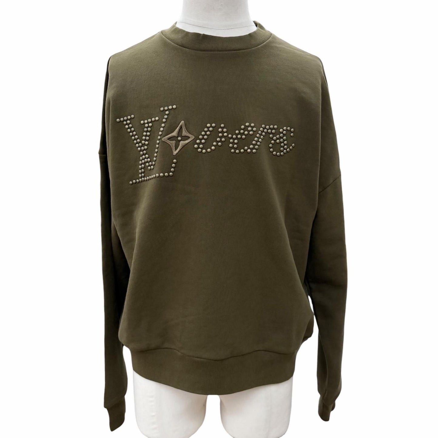 Louis Vuitton Logo Studded Embroidery Cotton Signature Pullover Sweatshirt Khaki