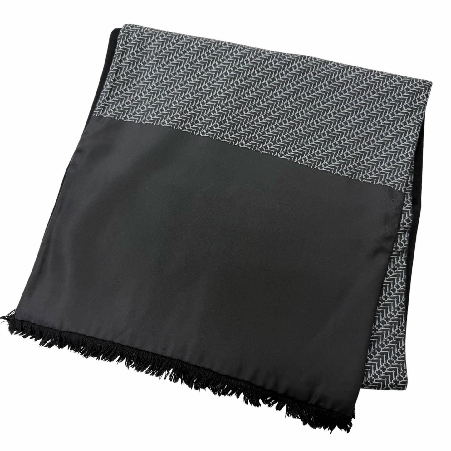 Hermes Silk Angora All Over Pattern Fringe Shawl Scarf Black Gray Recommended
