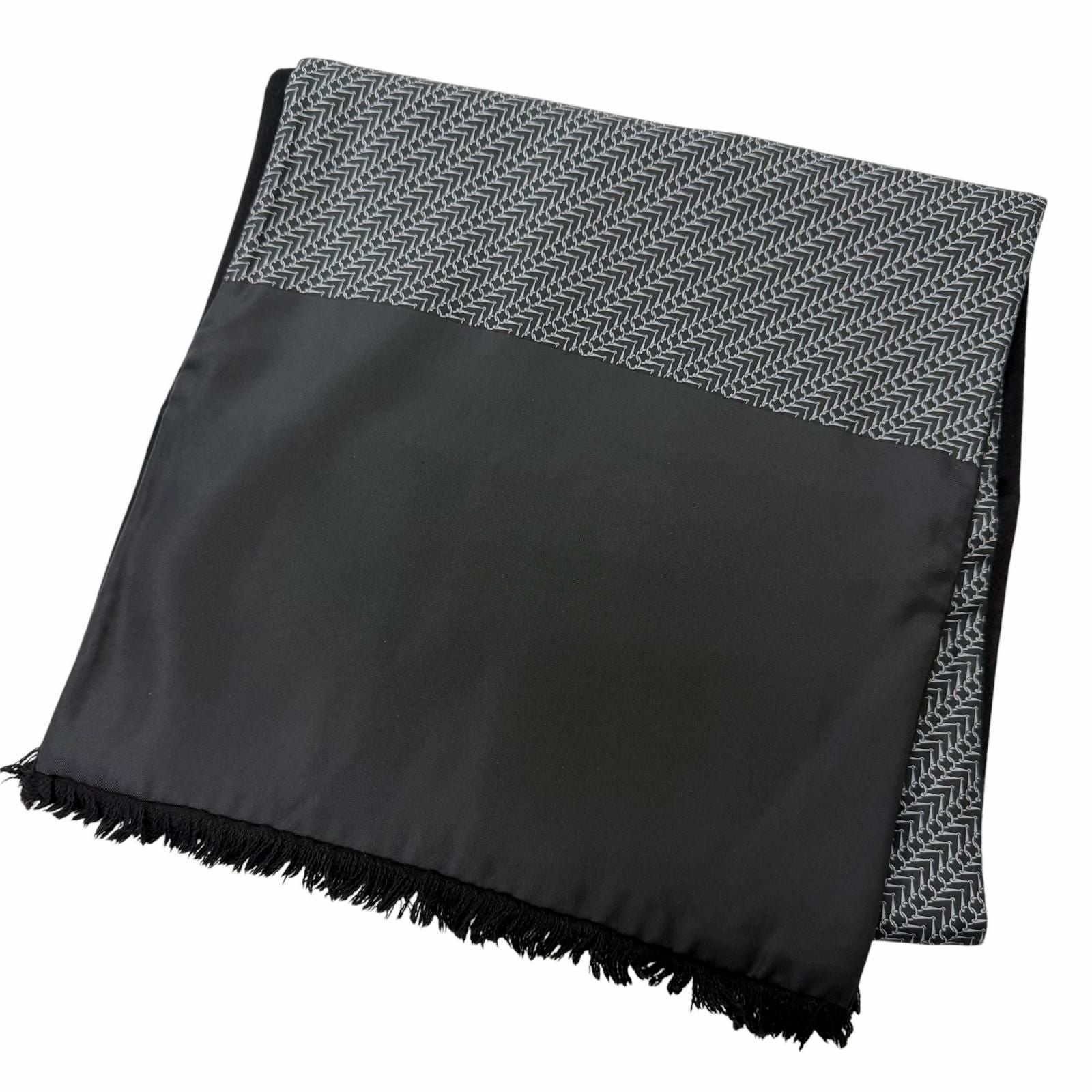 Hermes Silk Angora All Over Pattern Fringe Shawl Scarf Black Gray Recommended