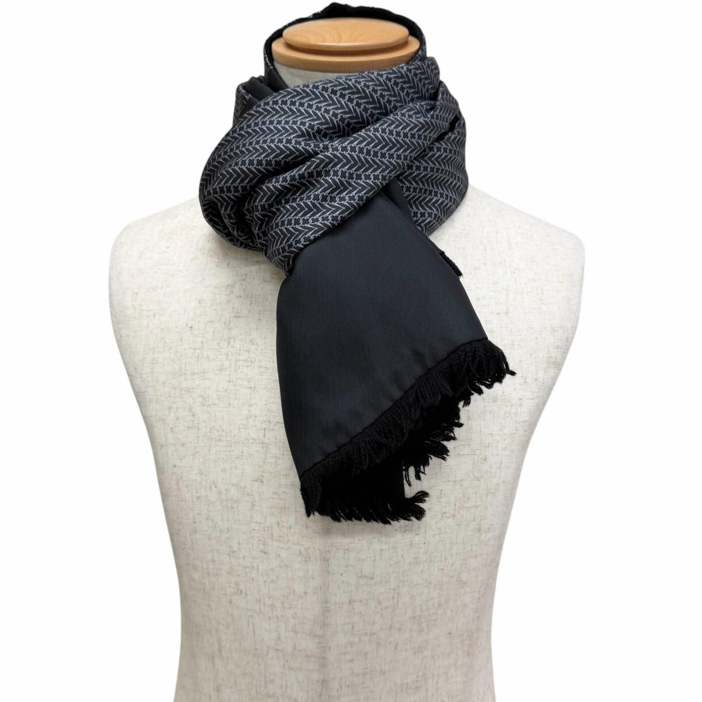 Hermes Silk Angora All Over Pattern Fringe Shawl Scarf Black Gray Recommended — view 2