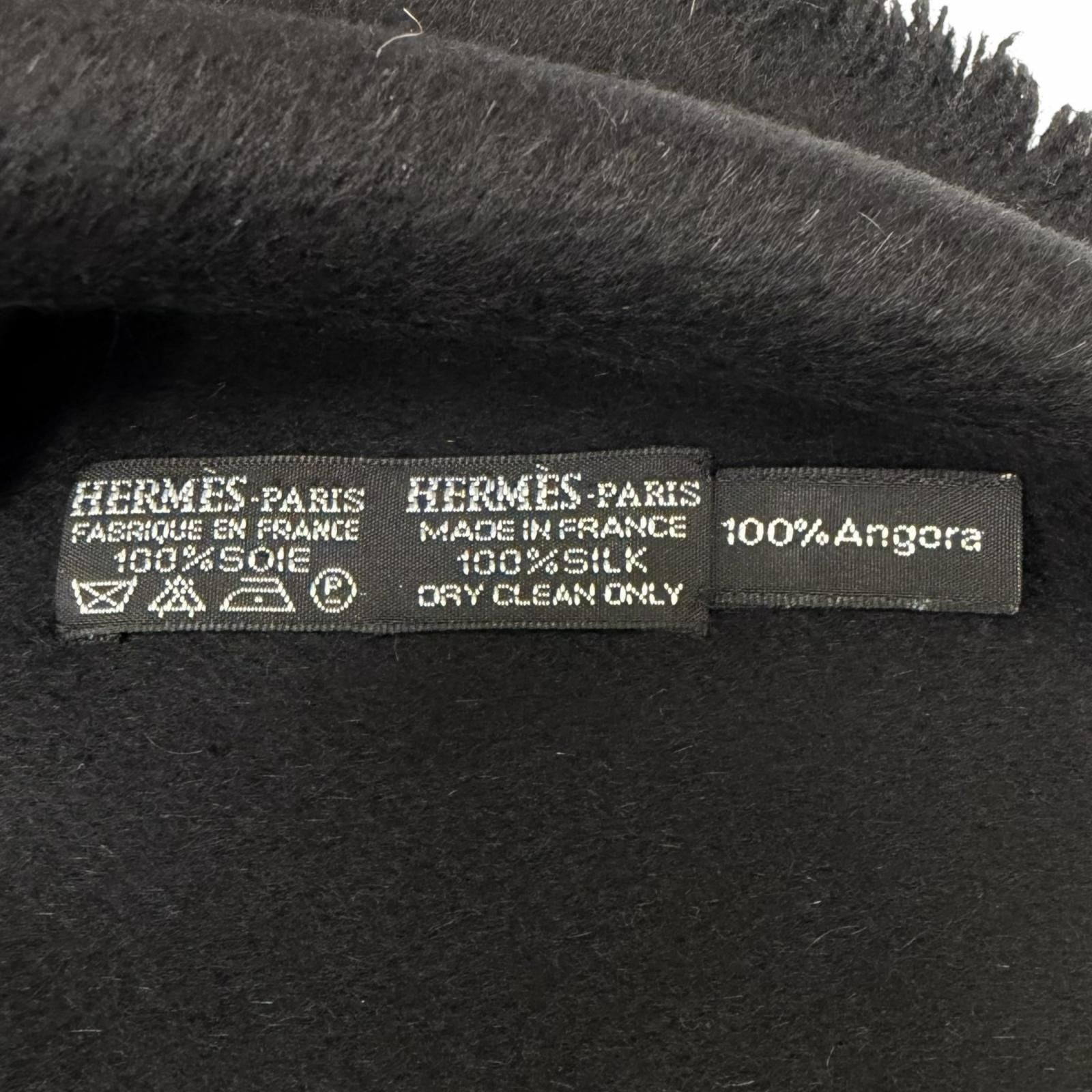 Hermes Silk Angora All Over Pattern Fringe Shawl Scarf Black Gray Recommended — view 7
