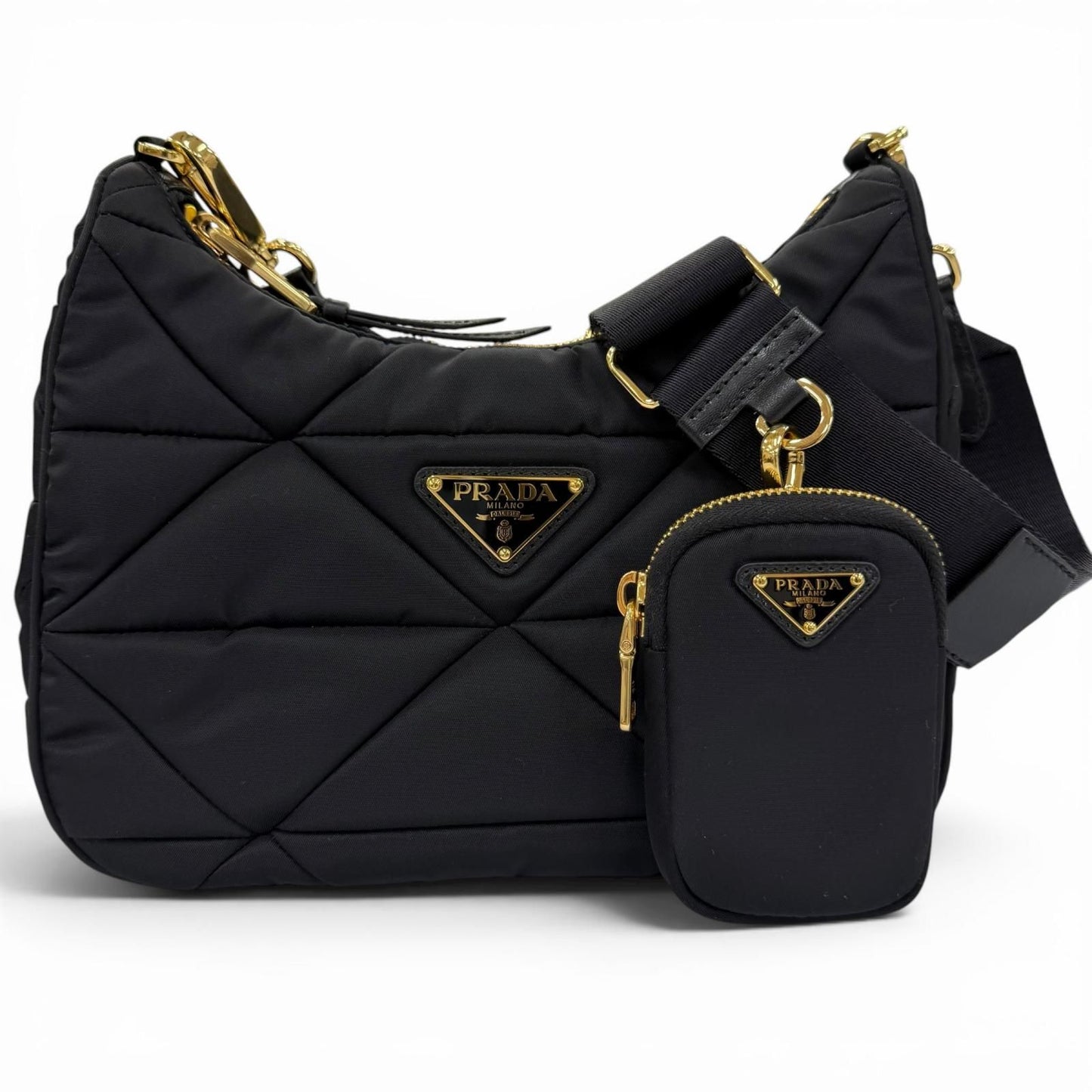 Prada Padded Re-Nylon Shoulder Bag Triangle Logo Black Gold