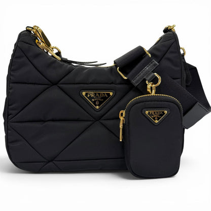 Prada Padded Re-Nylon Shoulder Bag Triangle Logo Black Gold