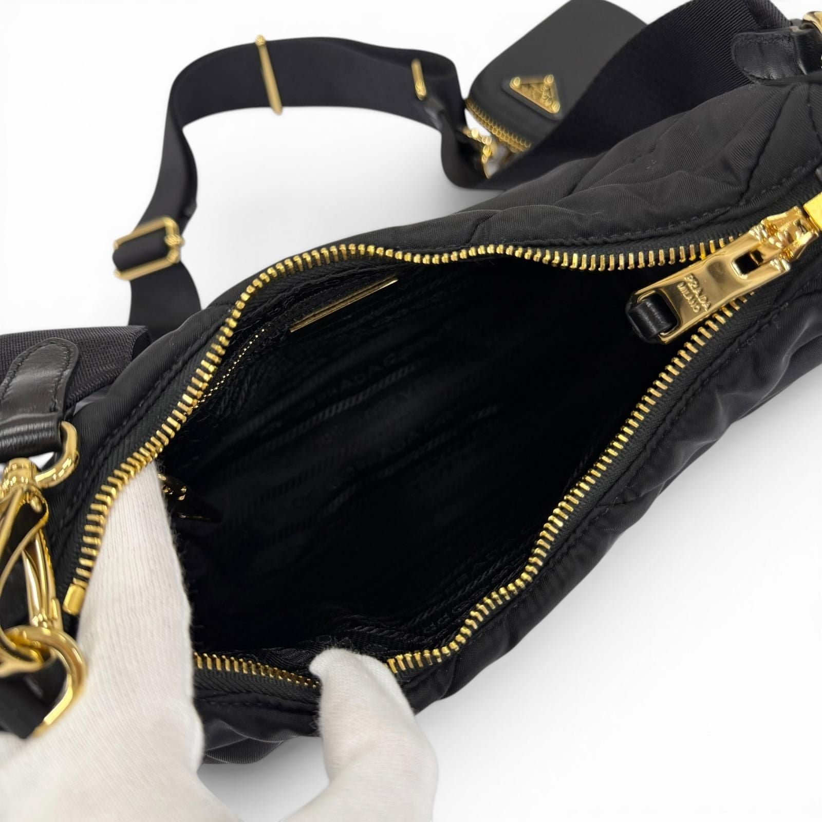 Prada Padded Re-Nylon Shoulder Bag Triangle Logo Black Gold — view 7