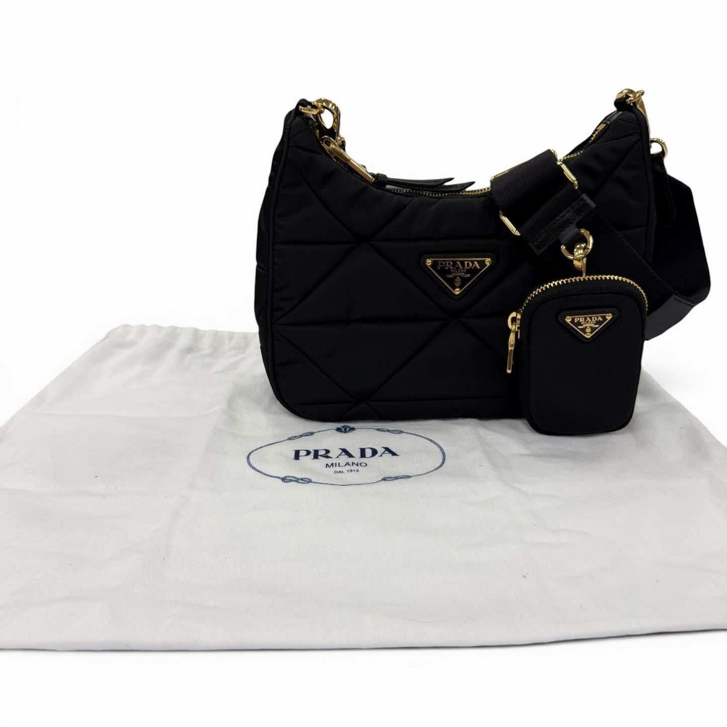 Prada Padded Re-Nylon Shoulder Bag Triangle Logo Black Gold — view 2