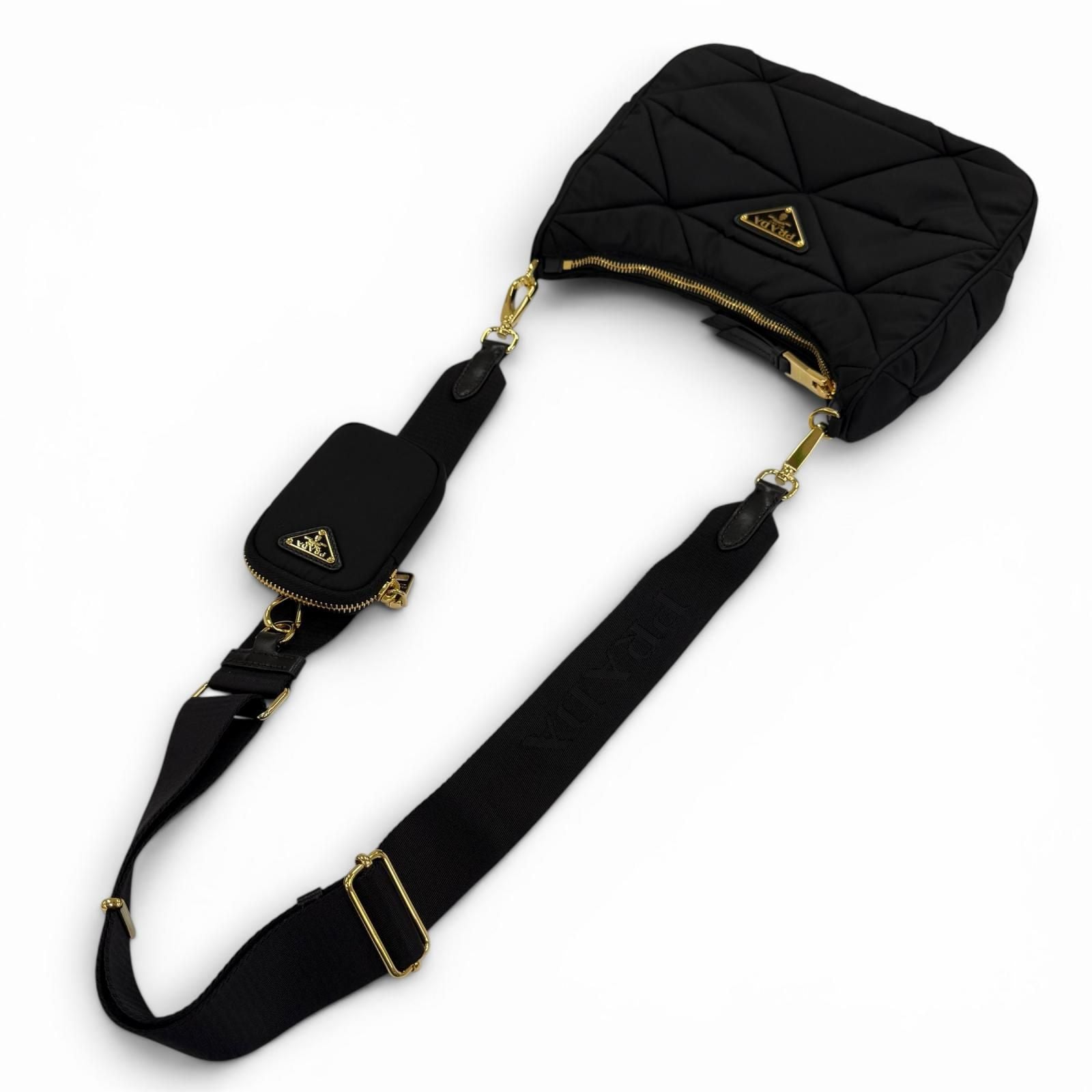 Prada Padded Re-Nylon Shoulder Bag Triangle Logo Black Gold — view 5